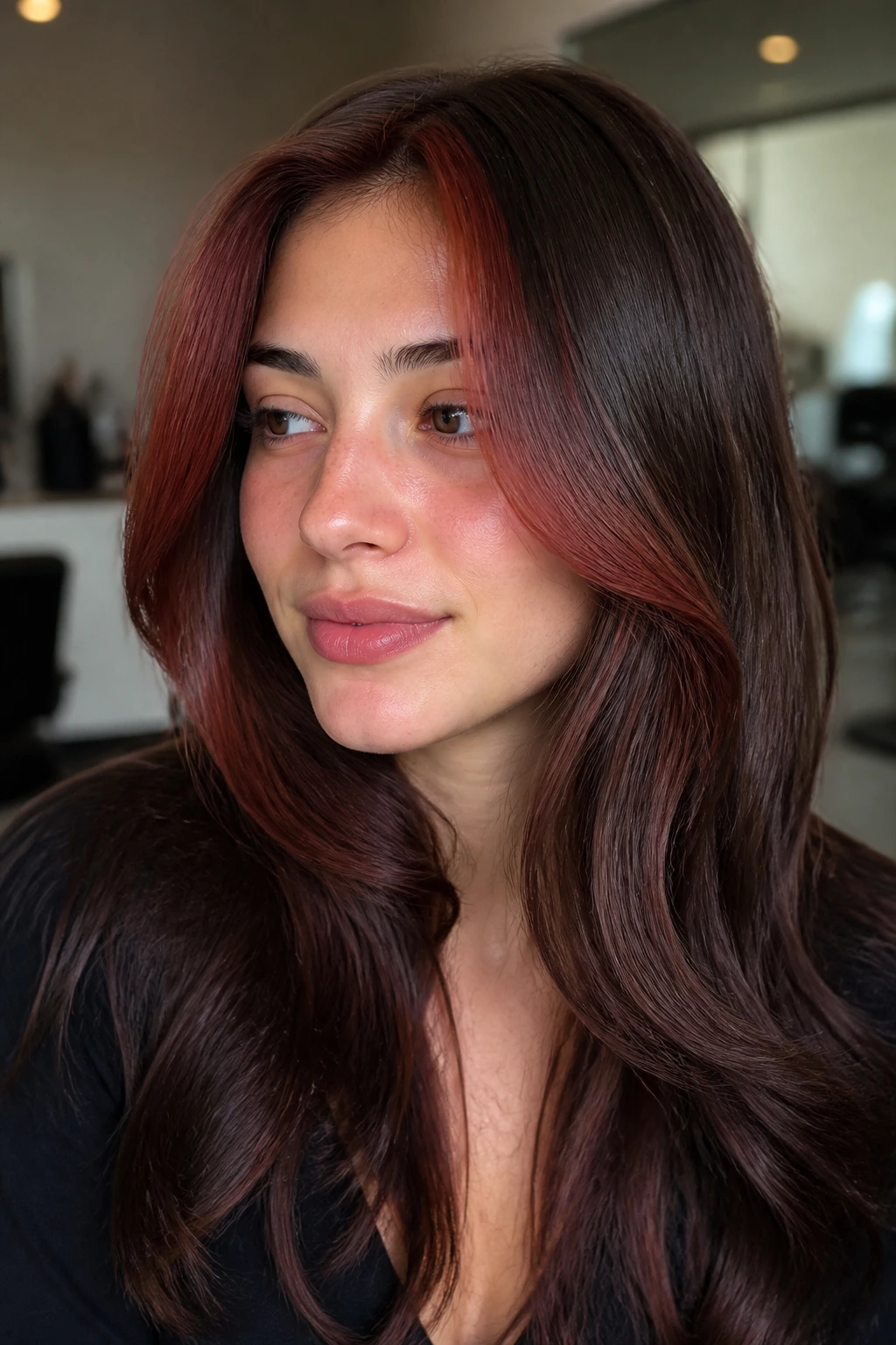 Portrait of a person with a mahogany money piece front highlights on medium brown hair.