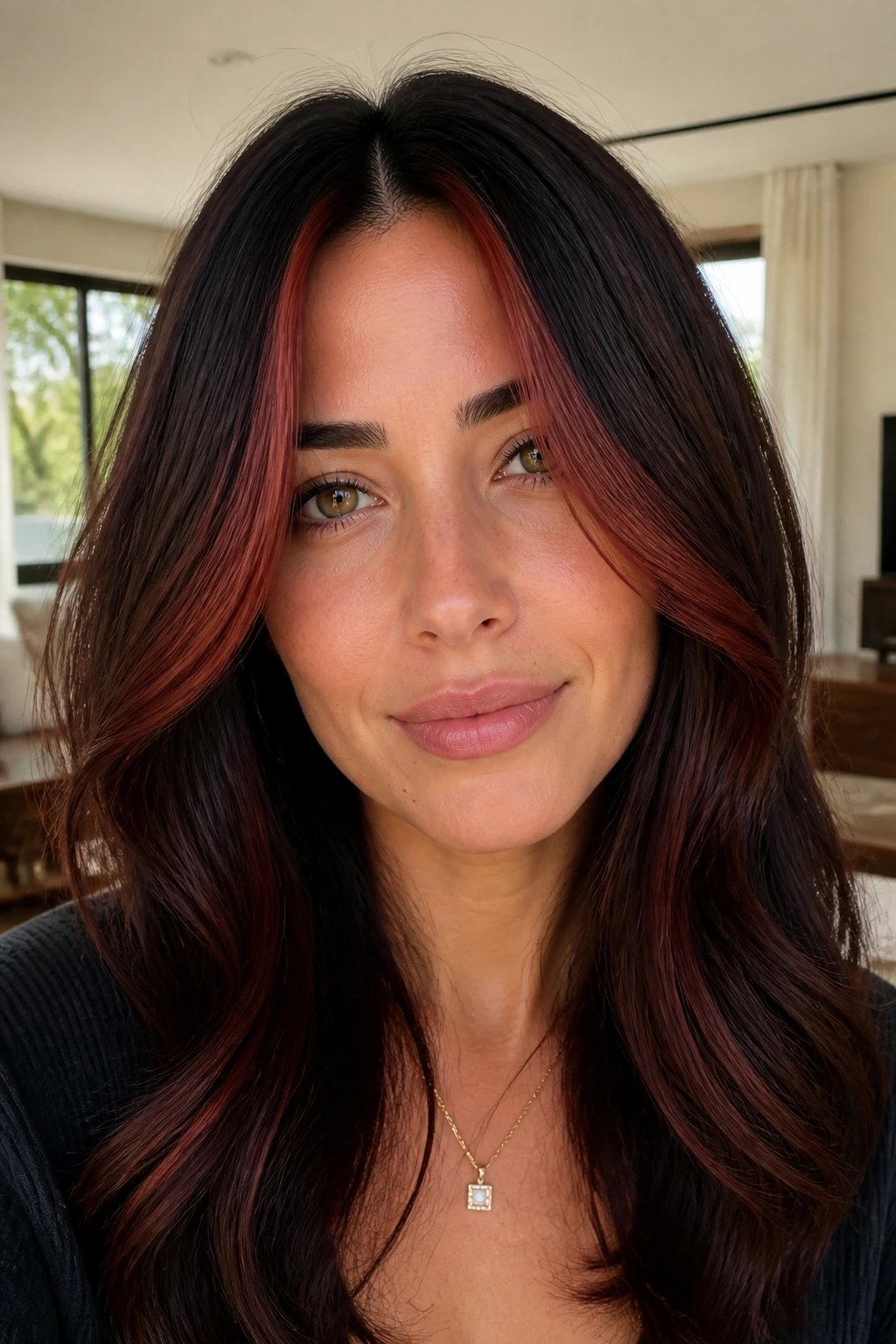 Brunette with mahogany face-framing panels along part