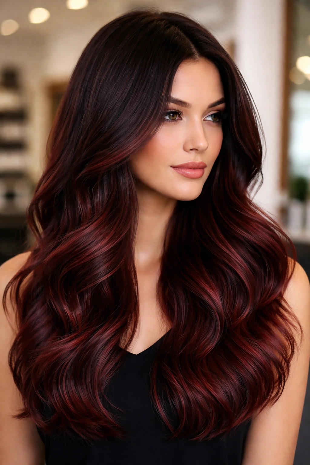 Close-up portrait of a real person showing a melted mahogany ombre with dark root