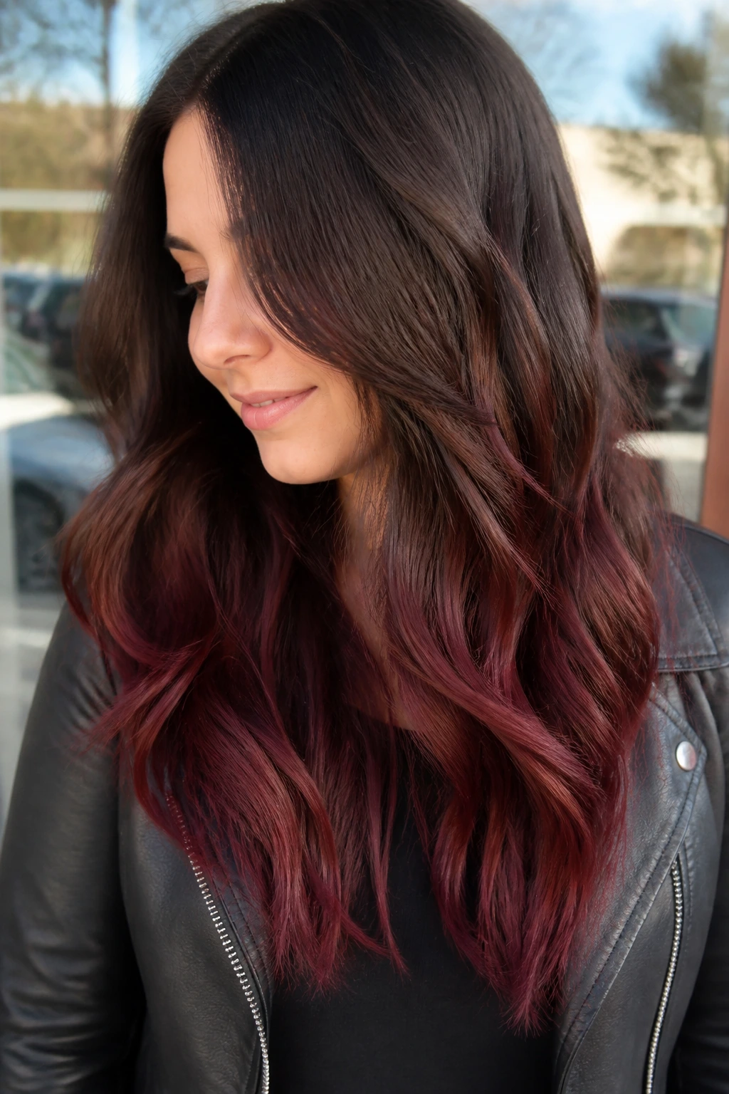 Close-up of long brown hair with mahogany ombré ends