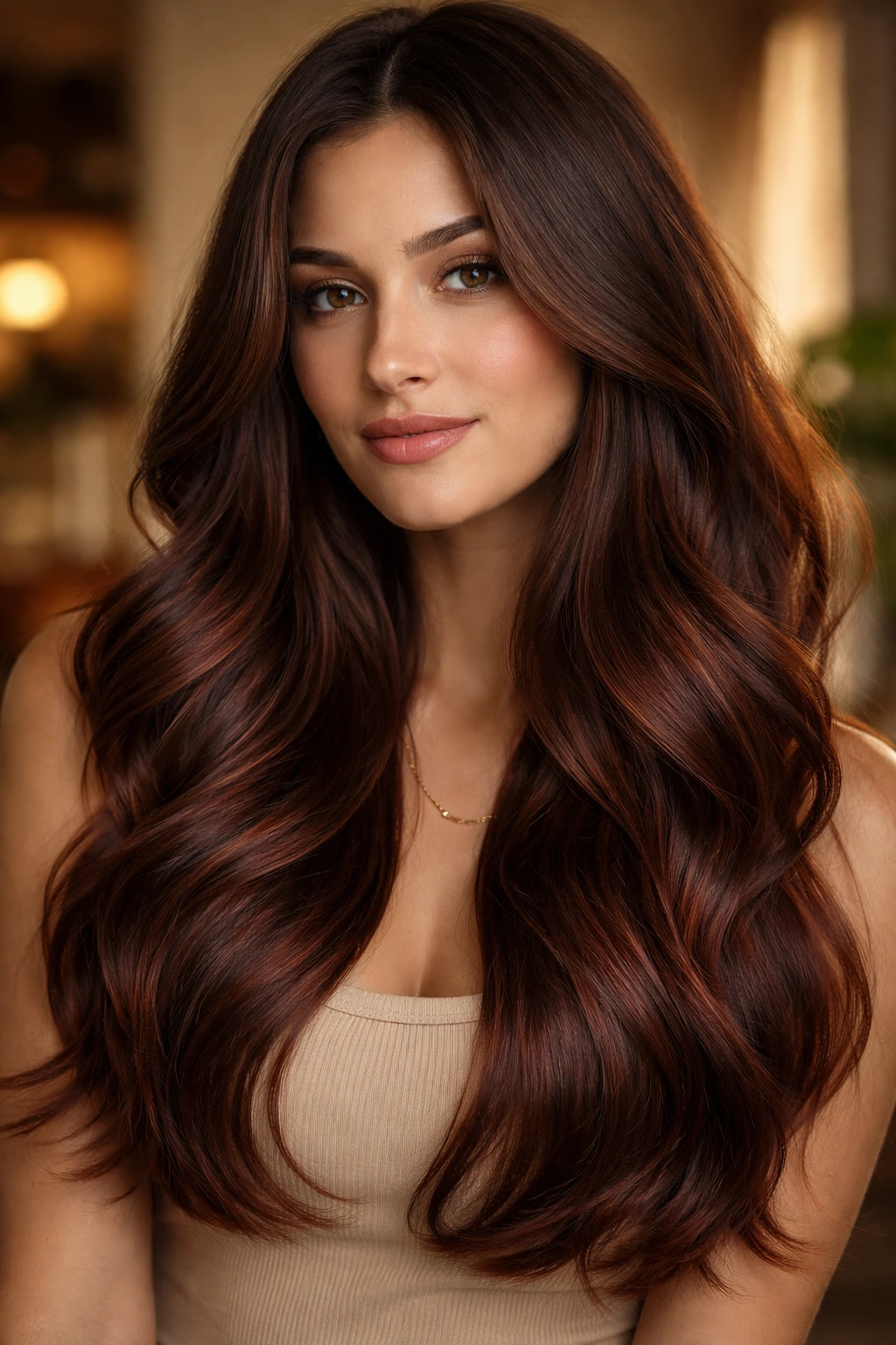 Brunette with mahogany ombré glaze from mid-length to ends in warm indoor light