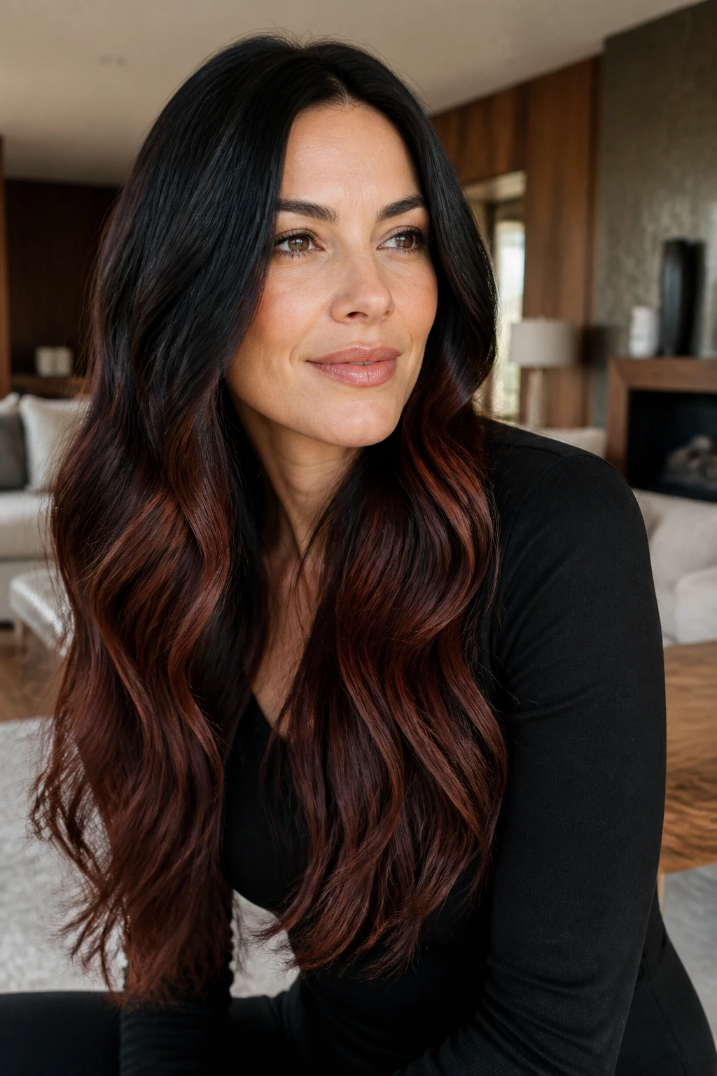 Close-up of a real woman with black roots fading to mahogany ombre on long hair