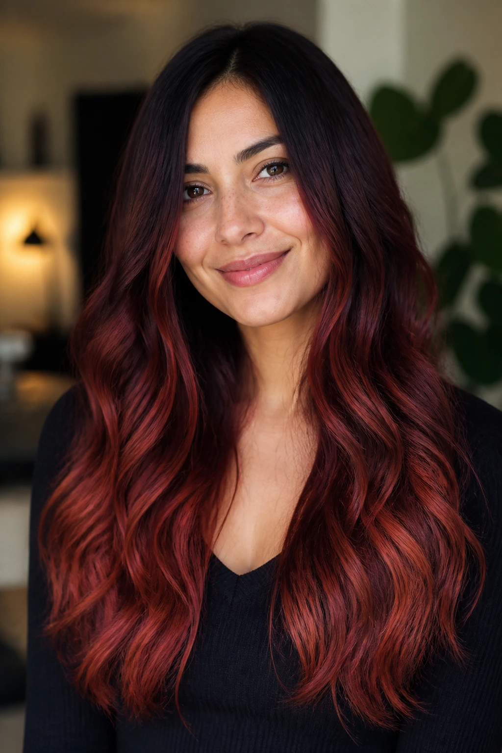 Head-and-shoulders portrait of mahogany ombré from roots to ends