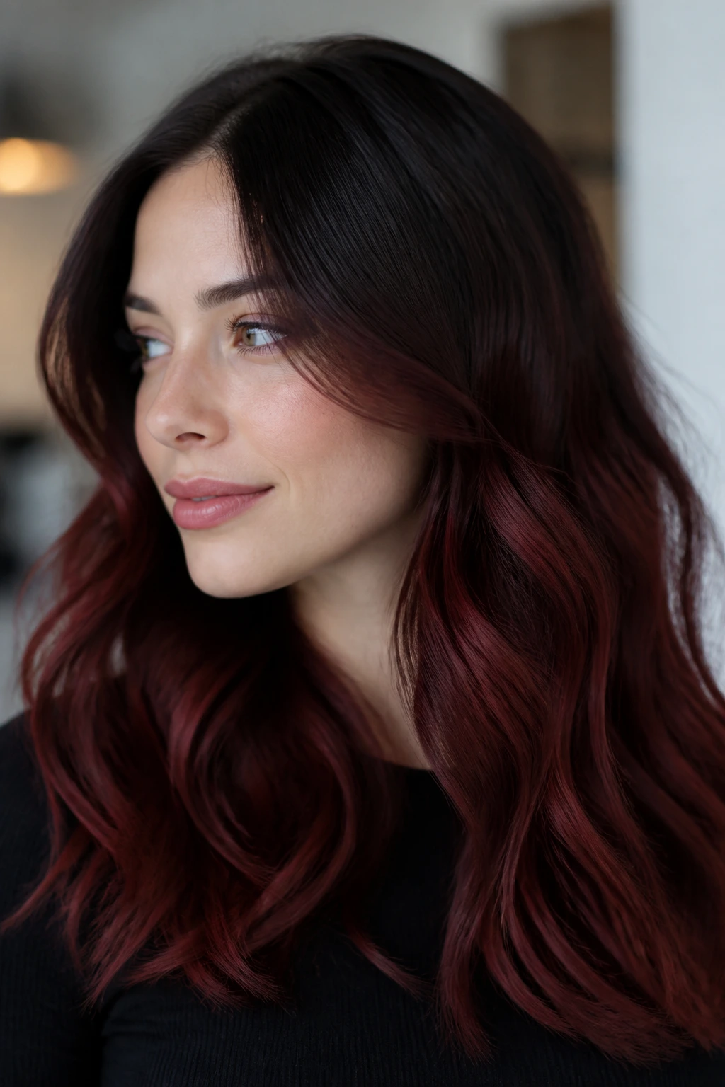 Close-up of a real person with mahogany ombre and shadow root