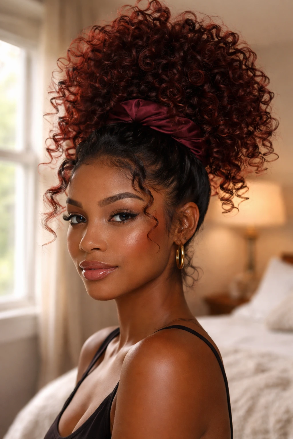 Close-up of a real person with a mahogany pineapple updo