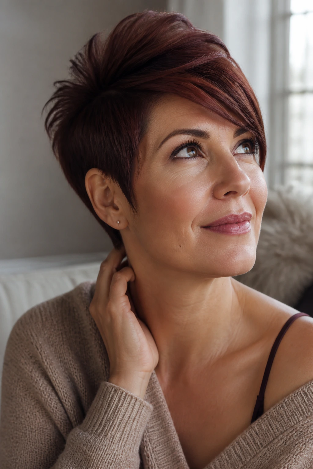 Close-up of a real woman with a mahogany brown pixie and crown height