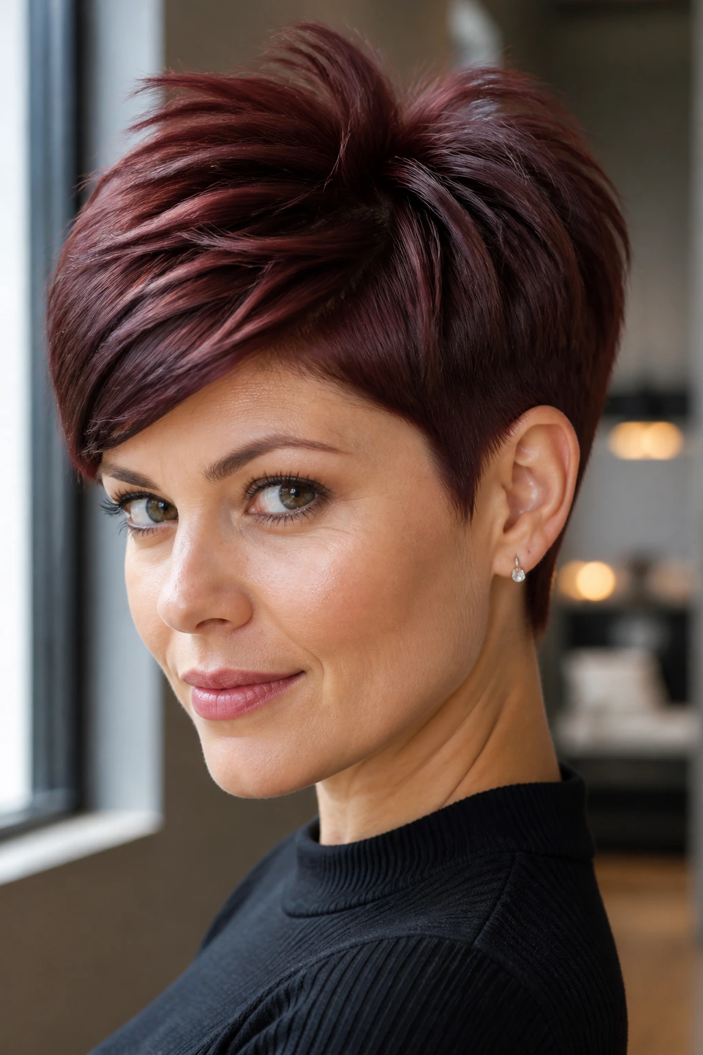 Close-up of a real woman with a mahogany pixie and longer crown length