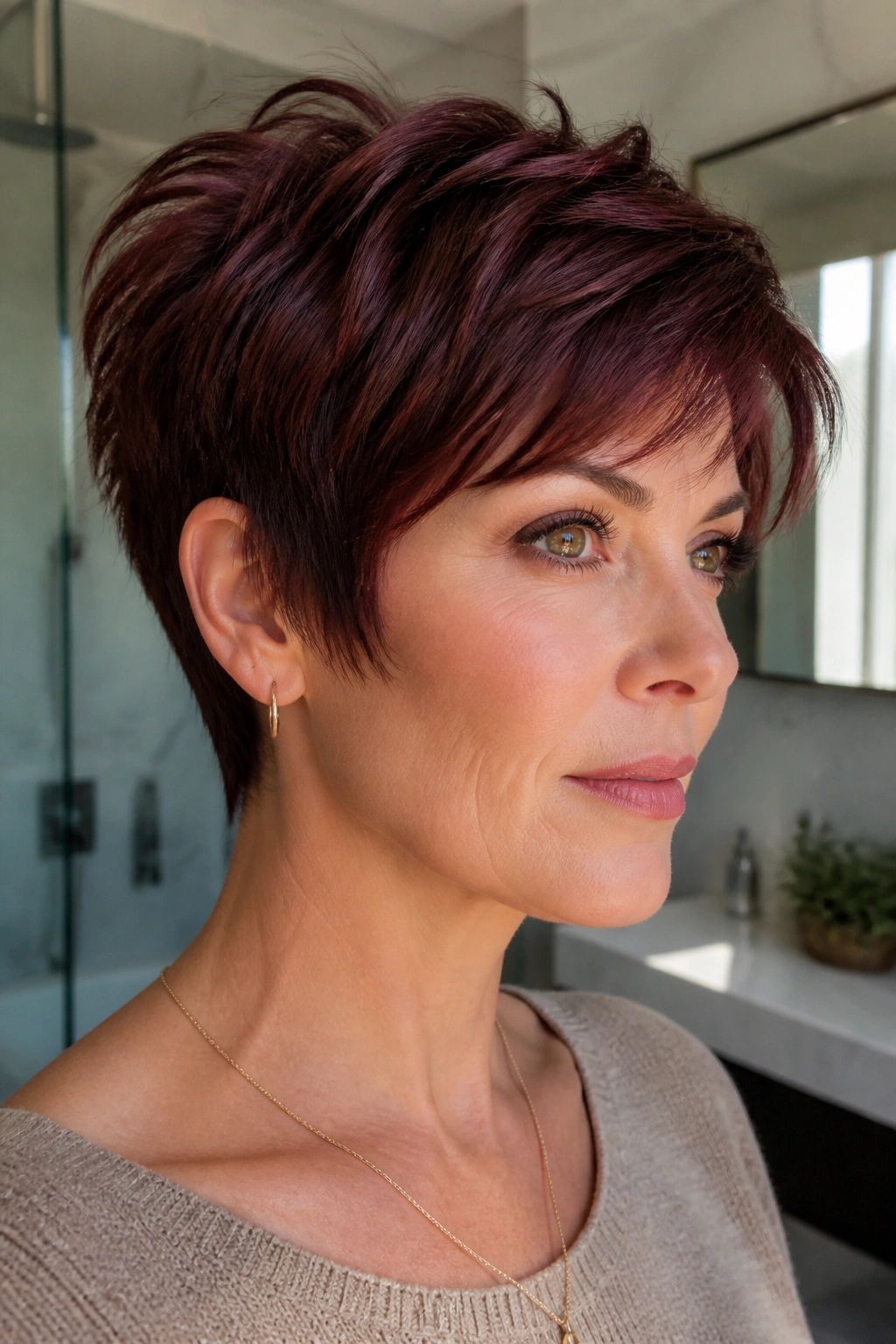 Close-up of deep mahogany pixie on a real woman with crisp edges