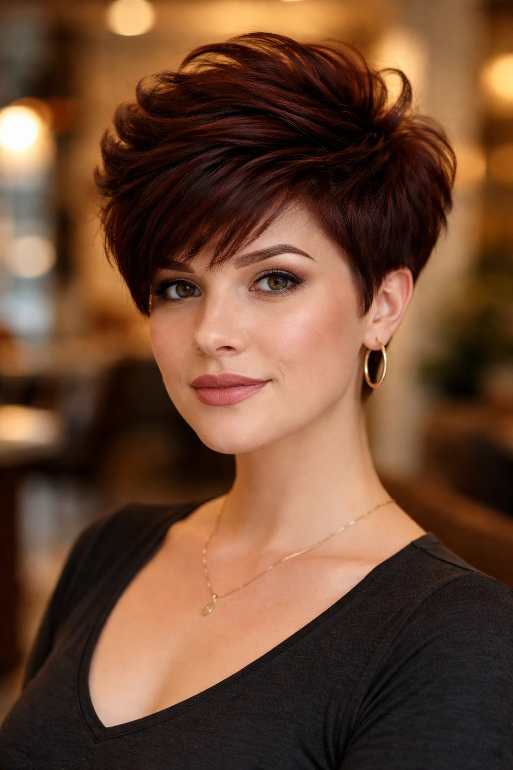 Close-up of a real woman with a voluminous mahogany pixie, crown height emphasized