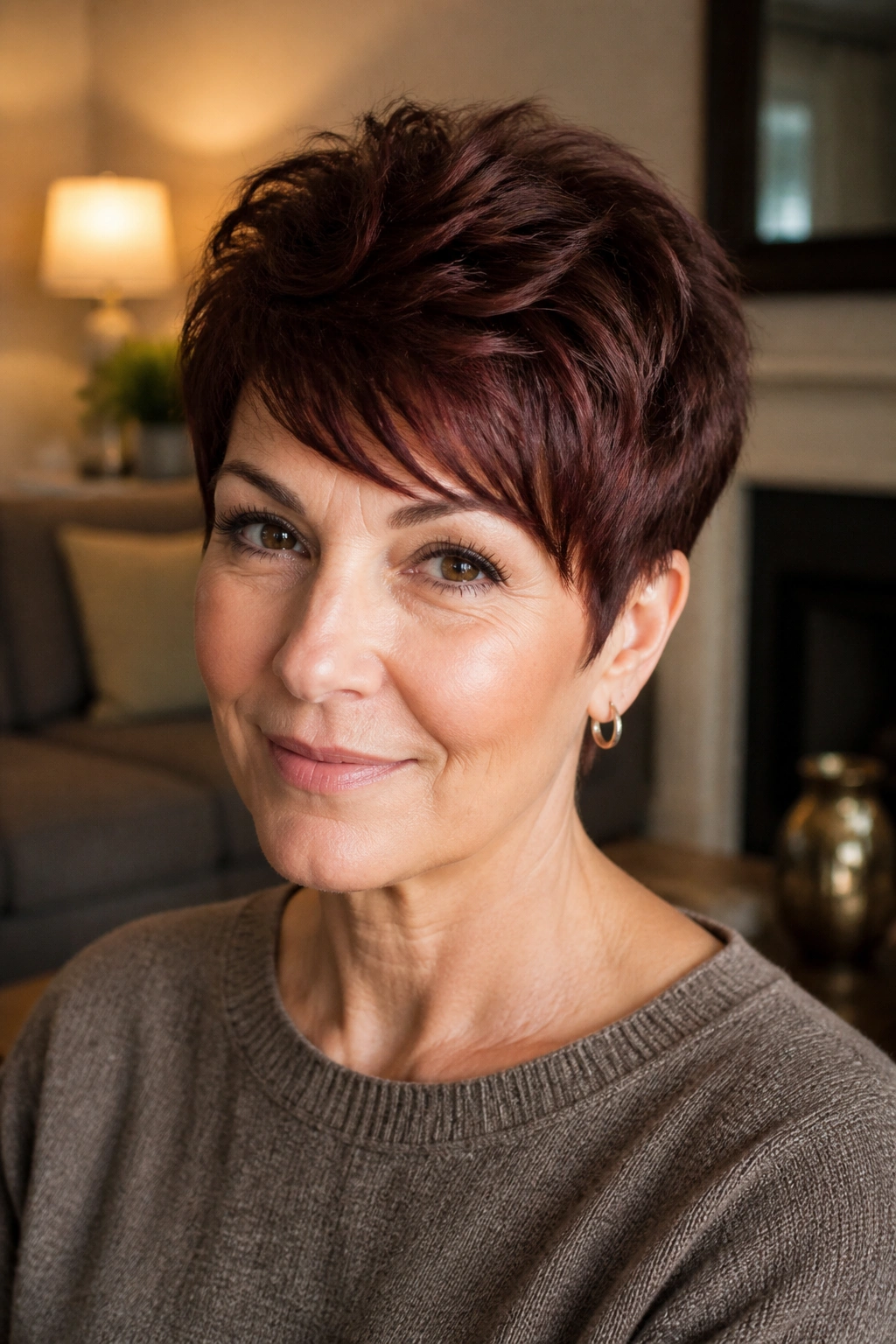 Close-up portrait of real person with mahogany layered pixie and soft texture in warm living room.