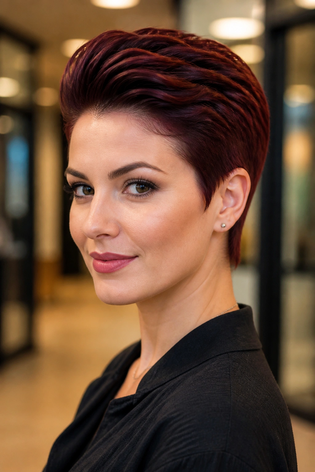 Real woman with mahogany pixie cut and slicked-back texture.