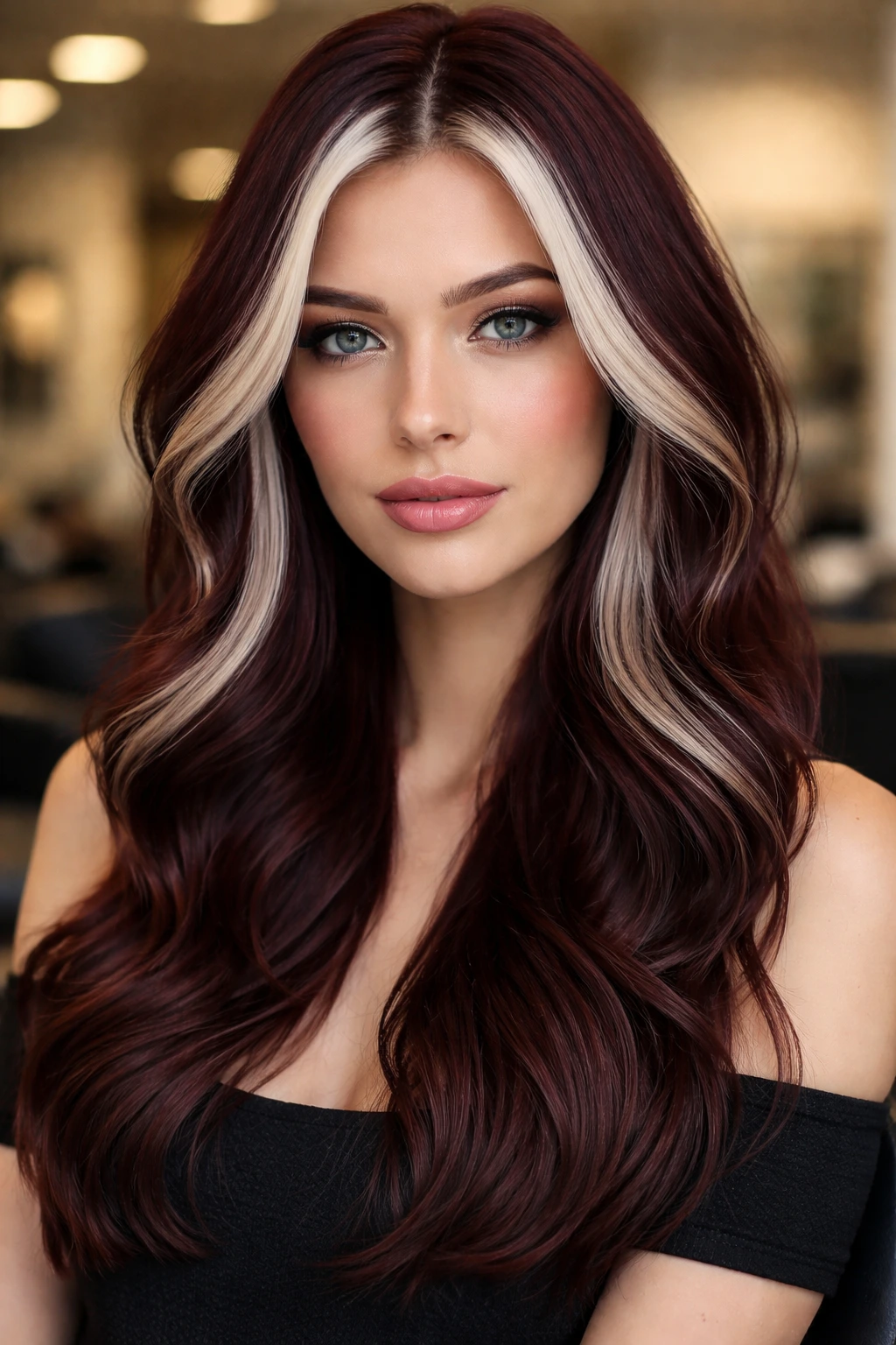 Close-up of a real person with mahogany hair and platinum face-framing highlights