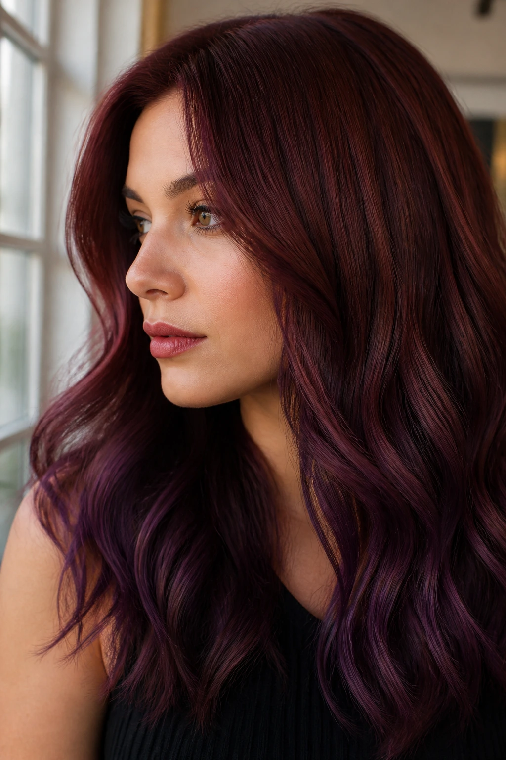 Portrait of a real person with mahogany to plum hair gradient