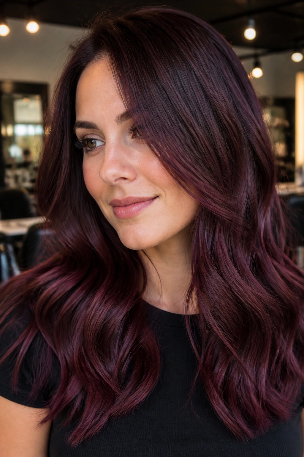 Close-up portrait of a real woman with mahogany plum melt hair color.