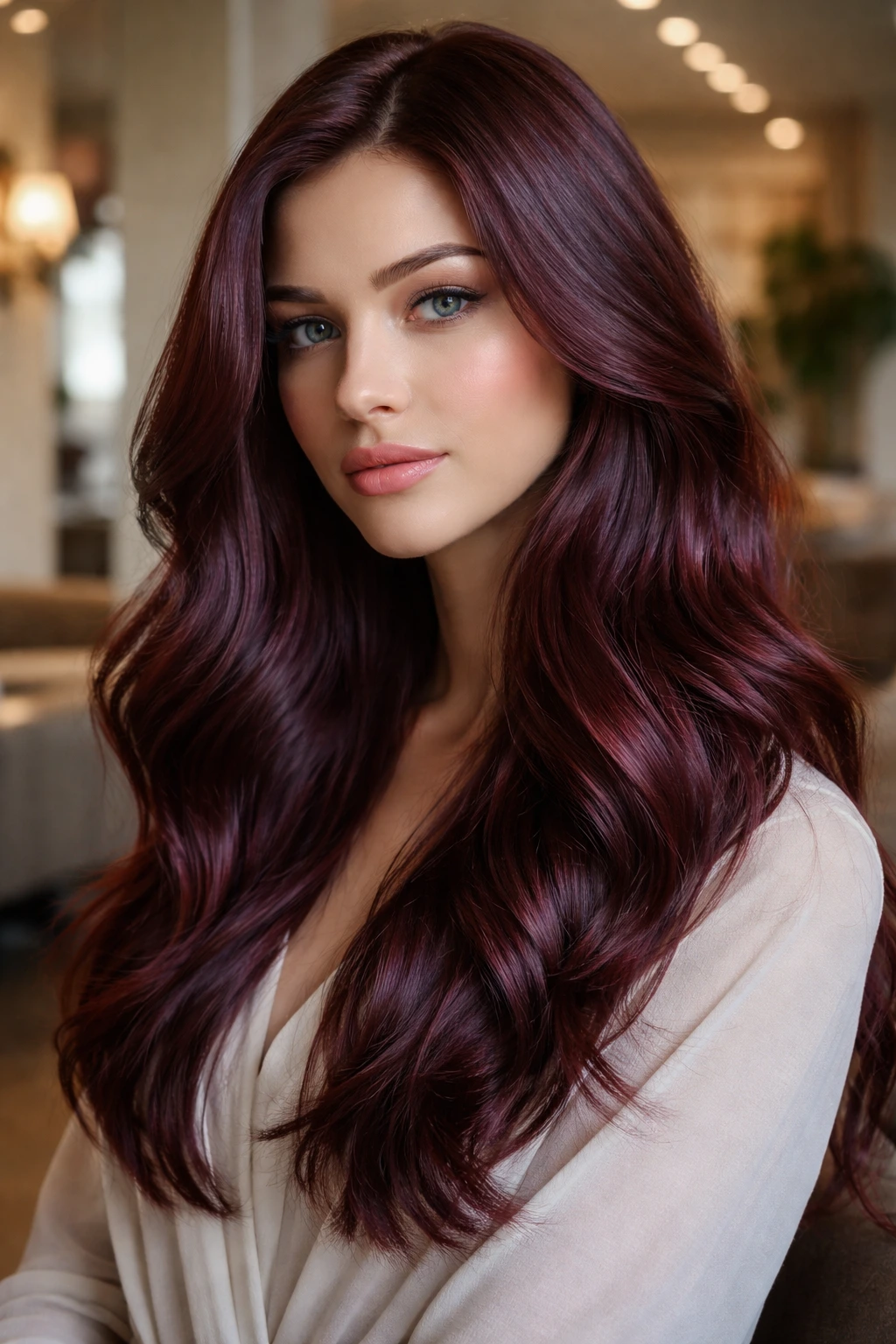 Close-up portrait of a real person with mahogany hair featuring plum undertones