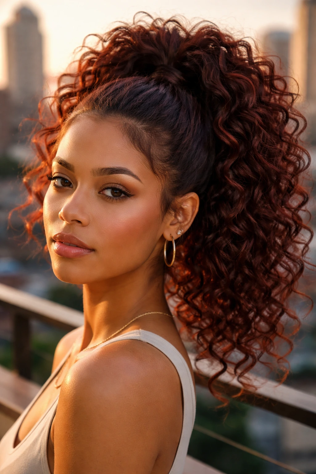 Close-up of a real person with a high ponytail of mahogany curls on a sunlit rooftop