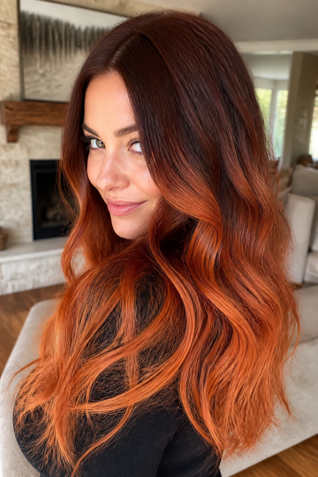 Portrait of real person with mahogany to pumpkin spice ombre on long layered hair