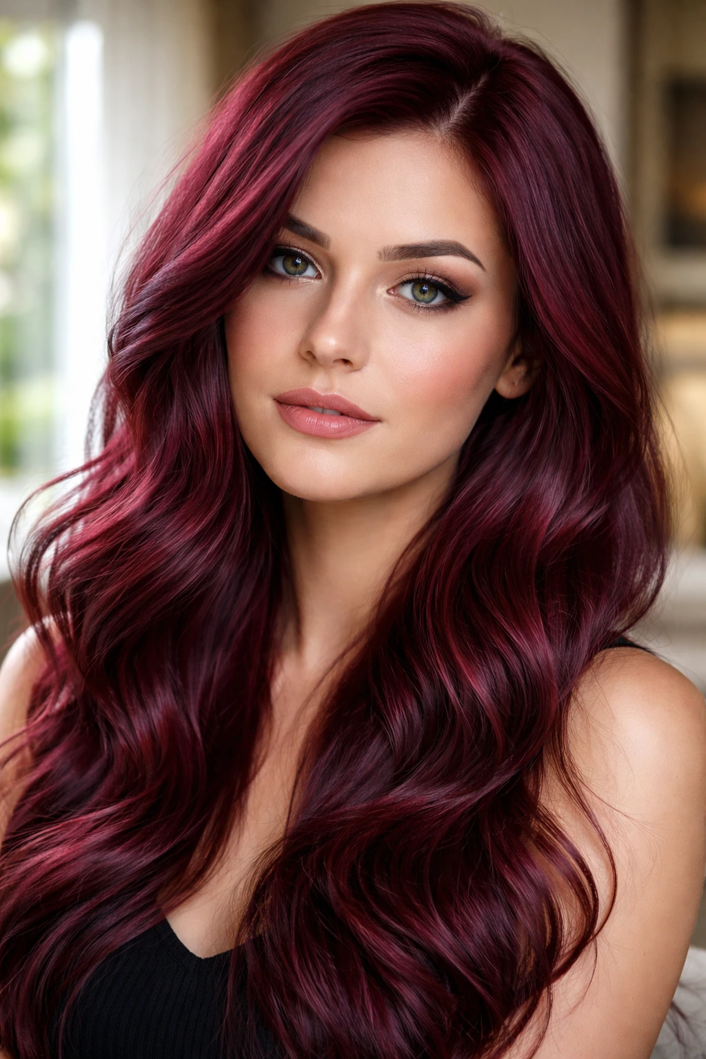 Close-up of a real woman with mahogany raspberry shade in soft window light
