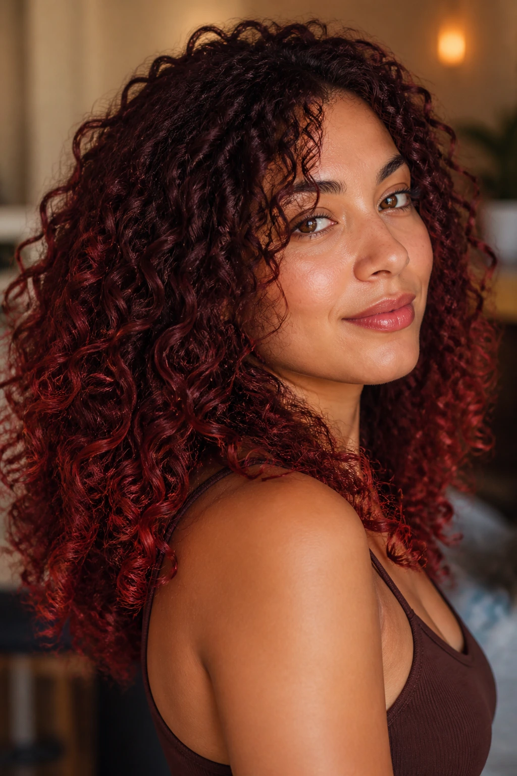 Close-up of curly hair in mahogany red with brighter ends.