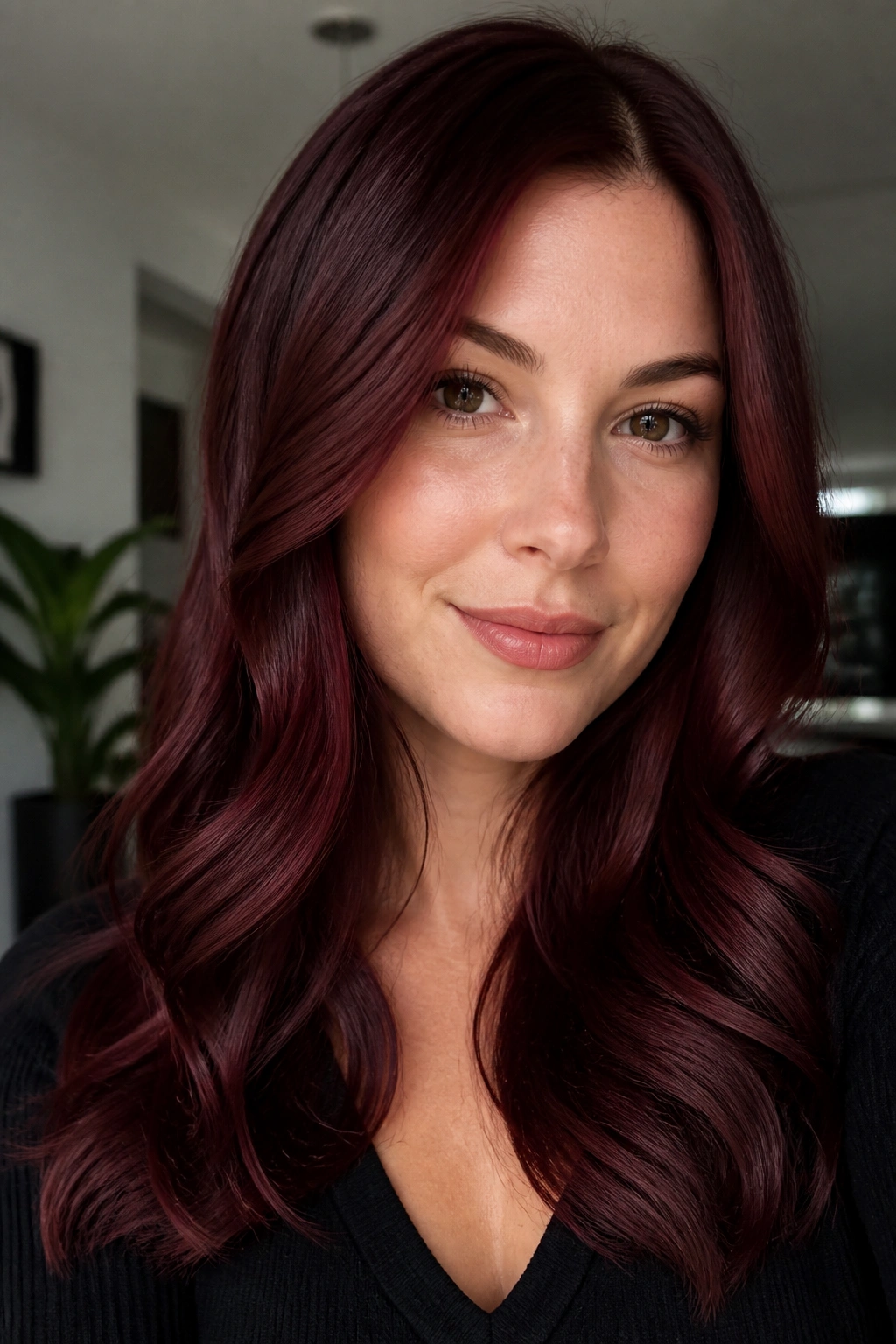 Portrait of a real woman with mahogany red hair in indoor daylight
