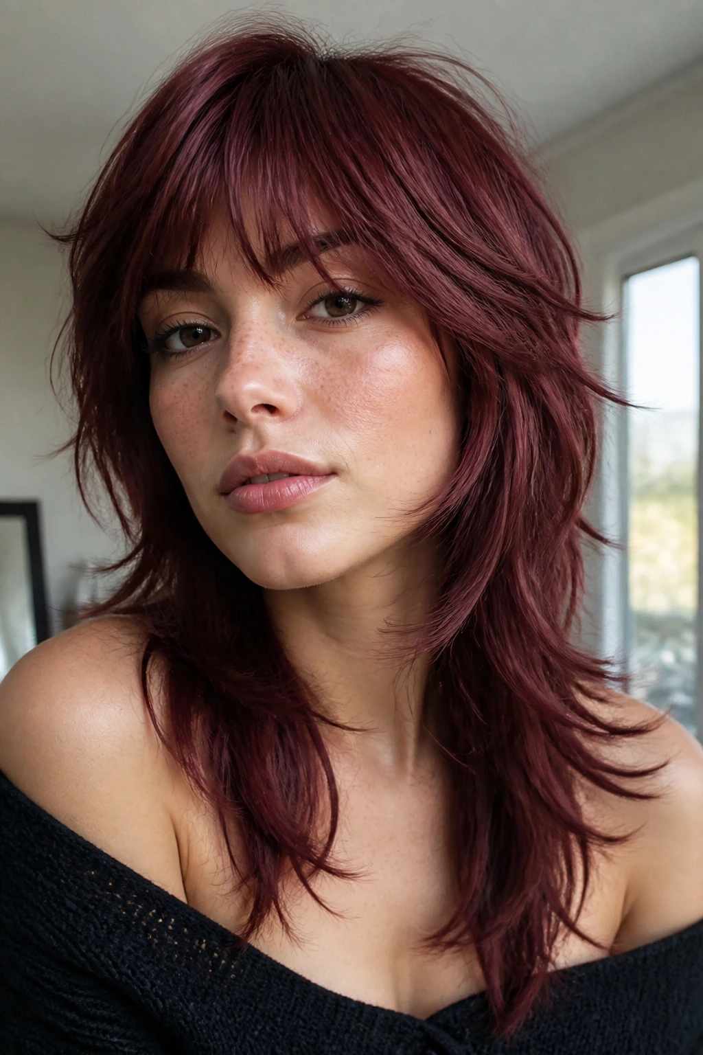 Real-person portrait featuring a mahogany red wolf cut.