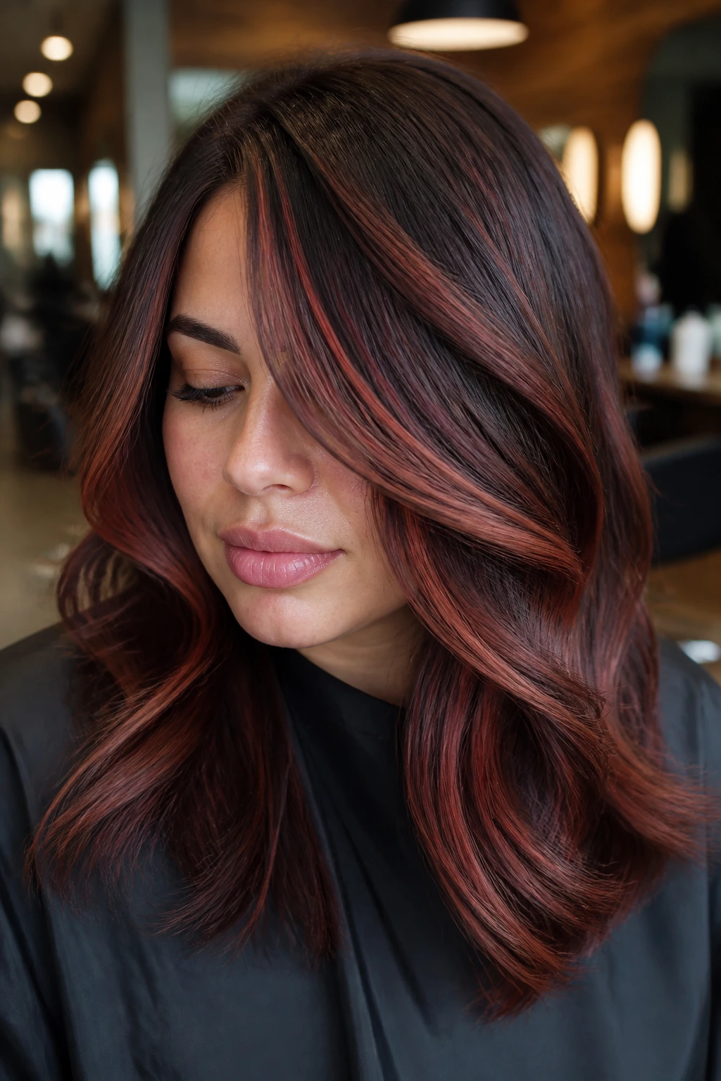 Close-up of a woman with diagonal mahogany ribbon highlights for depth in a salon setting
