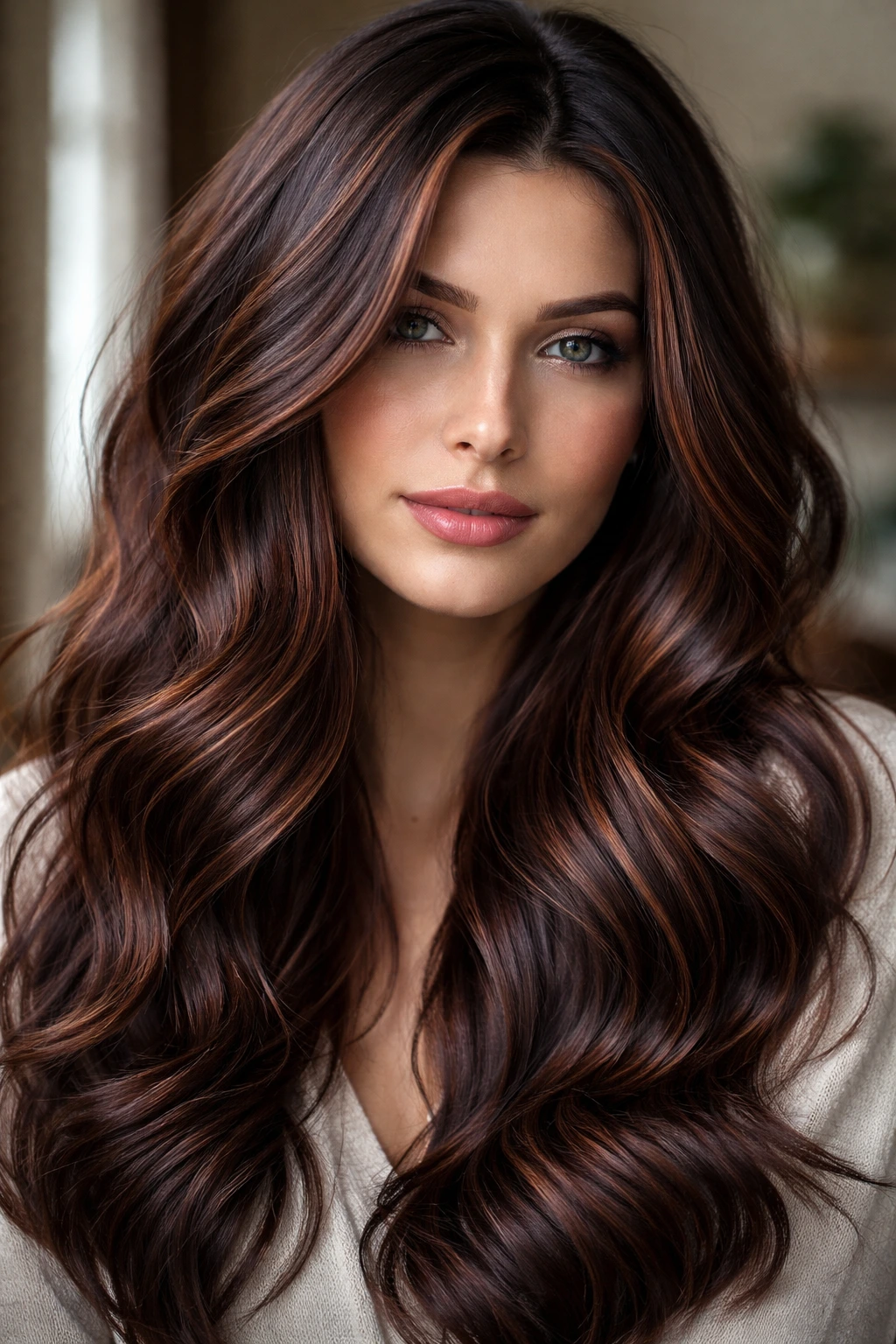 Portrait of a person with mahogany hair featuring ribbon highlights.
