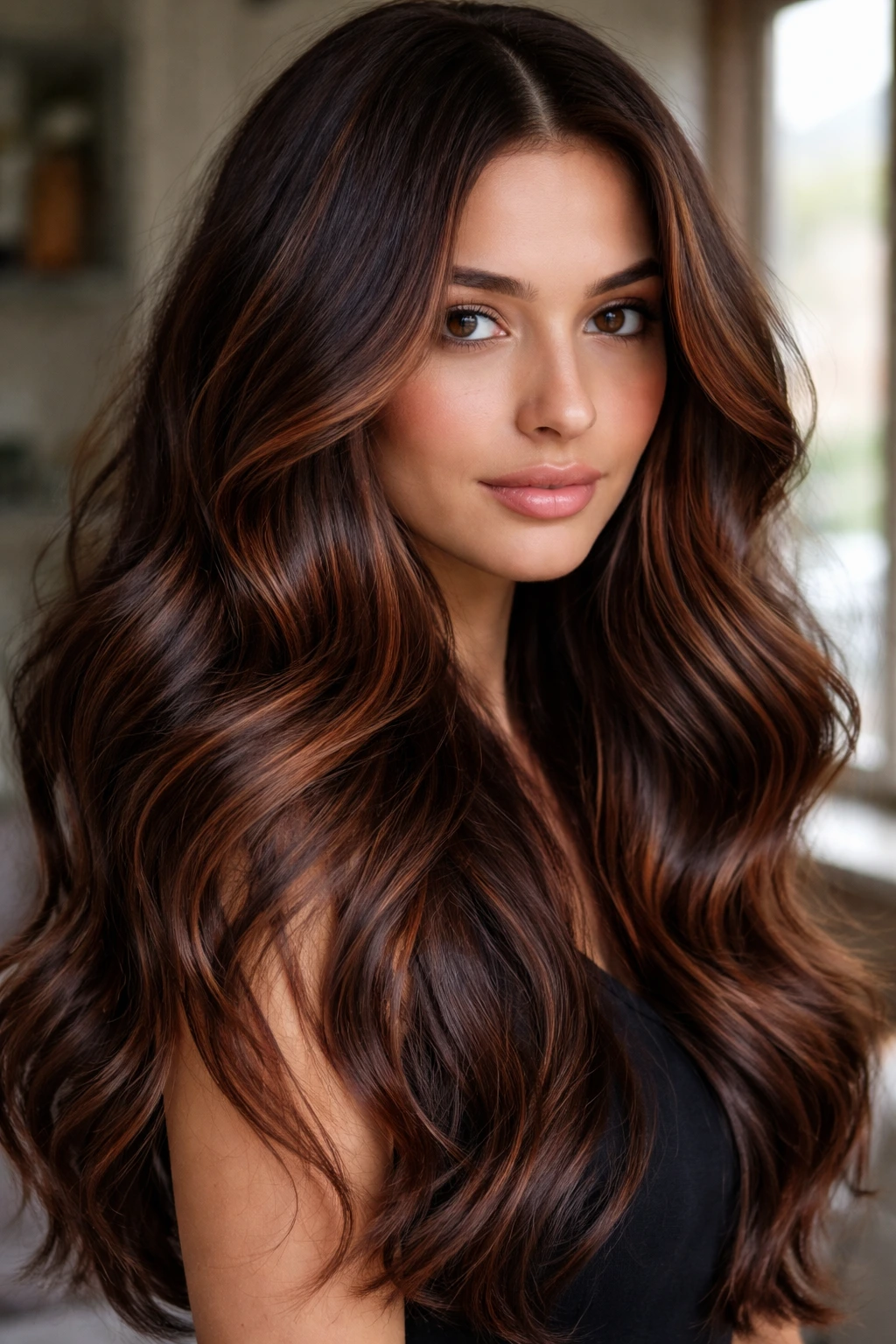 Real woman showing mahogany ribboning on lighter strands