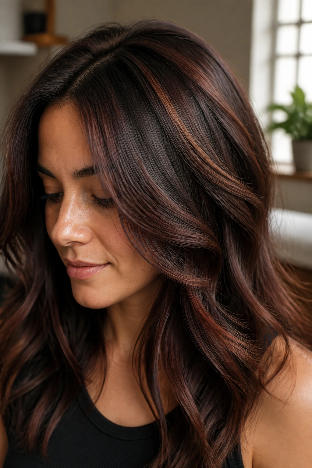 Close-up of a real woman with dark chocolate brown hair featuring soft mahogany ribbons woven through the crown