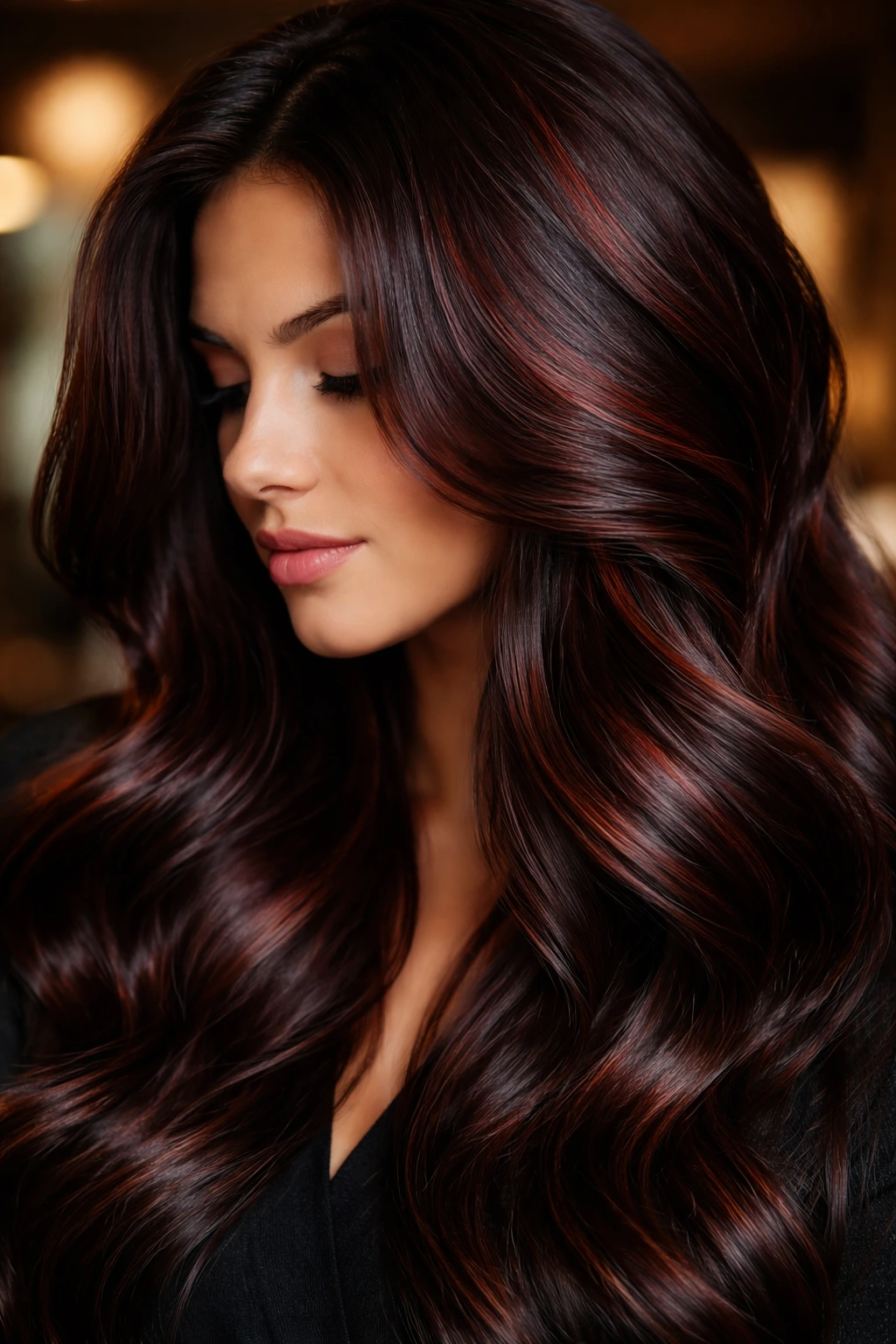 Close-up of a real woman with dark chocolate hair and mahogany ribbons catching light in a moody salon