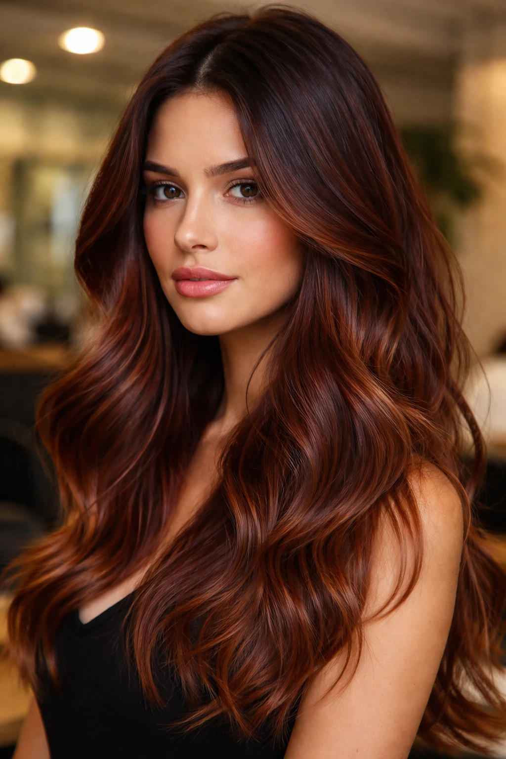 Real woman with mahogany root melt showing dark roots to coppery ends