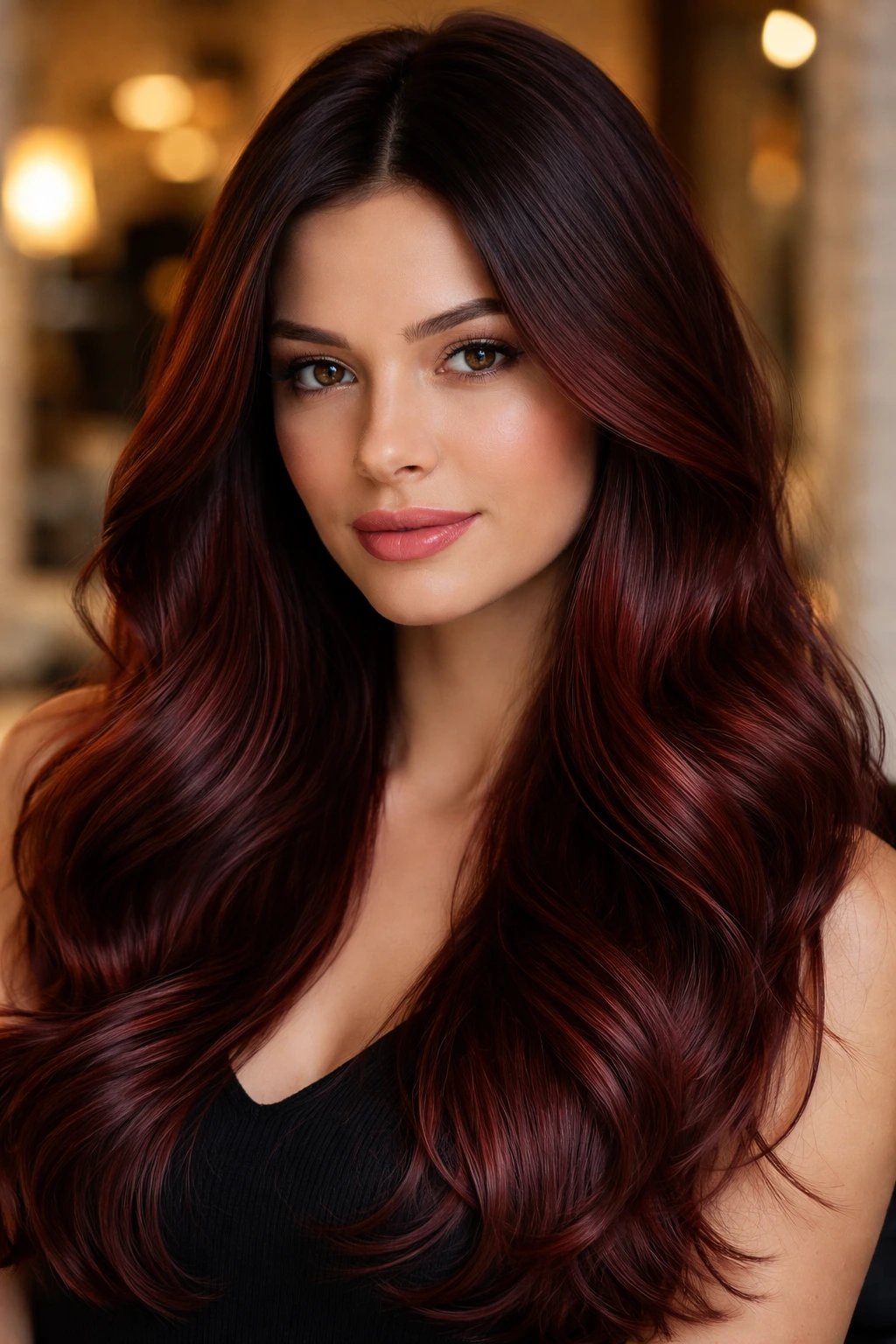 Close-up hair with dark roots melting into mahogany ends on a real person