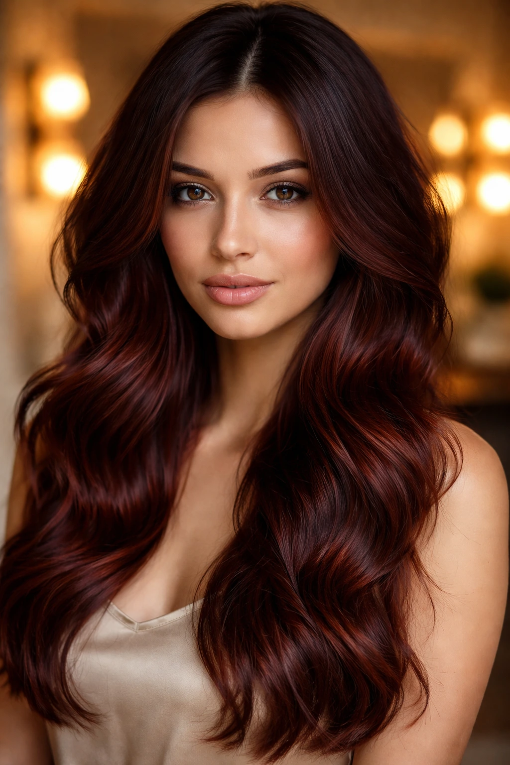 Close-up of a real woman with mahogany root shadow transitioning to lighter ends