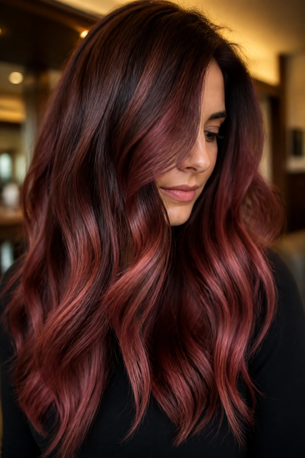Close-up portrait of a real woman with mahogany rose balayage on auburn brown hair.