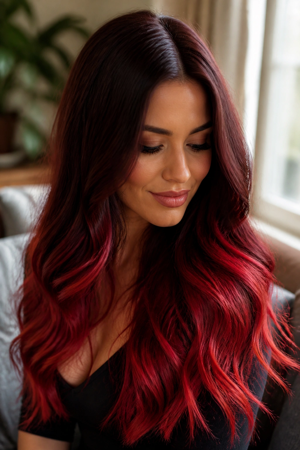 Close-up of a real woman with mahogany roots and scarlet ends hair