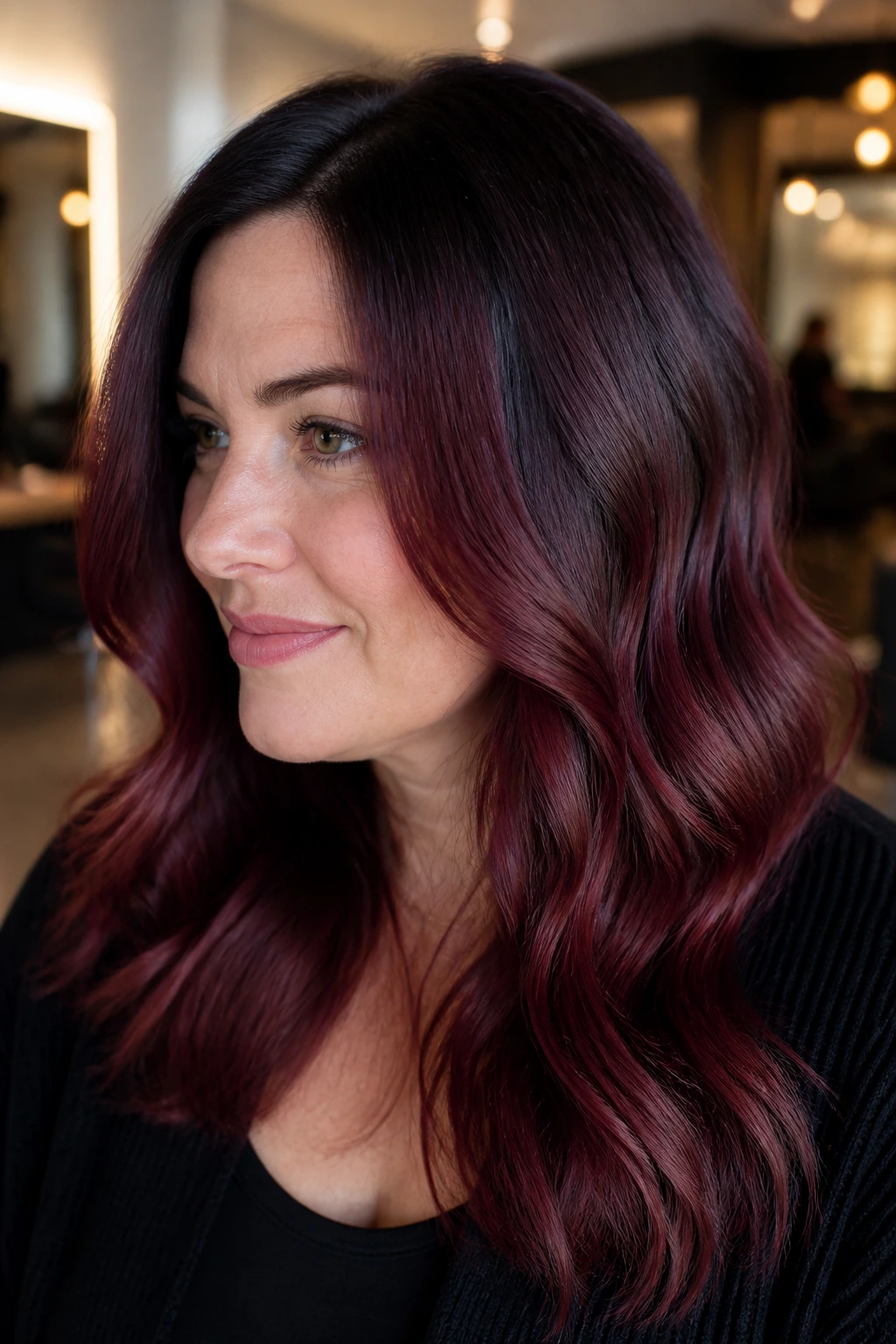 Real person with mahogany shadow root and wine-lengths in shoulder-length hair