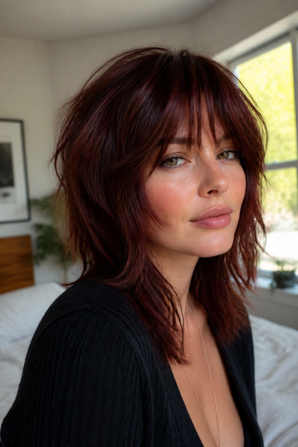 Close-up of a real woman with a cheekbone-grazing fringe in a textured mahogany shag.