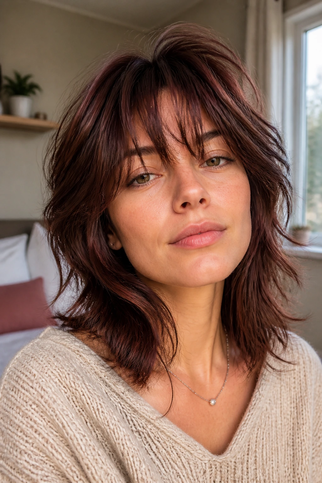 Close-up portrait of a real woman with a mahogany shag and piecey fringe framing her face