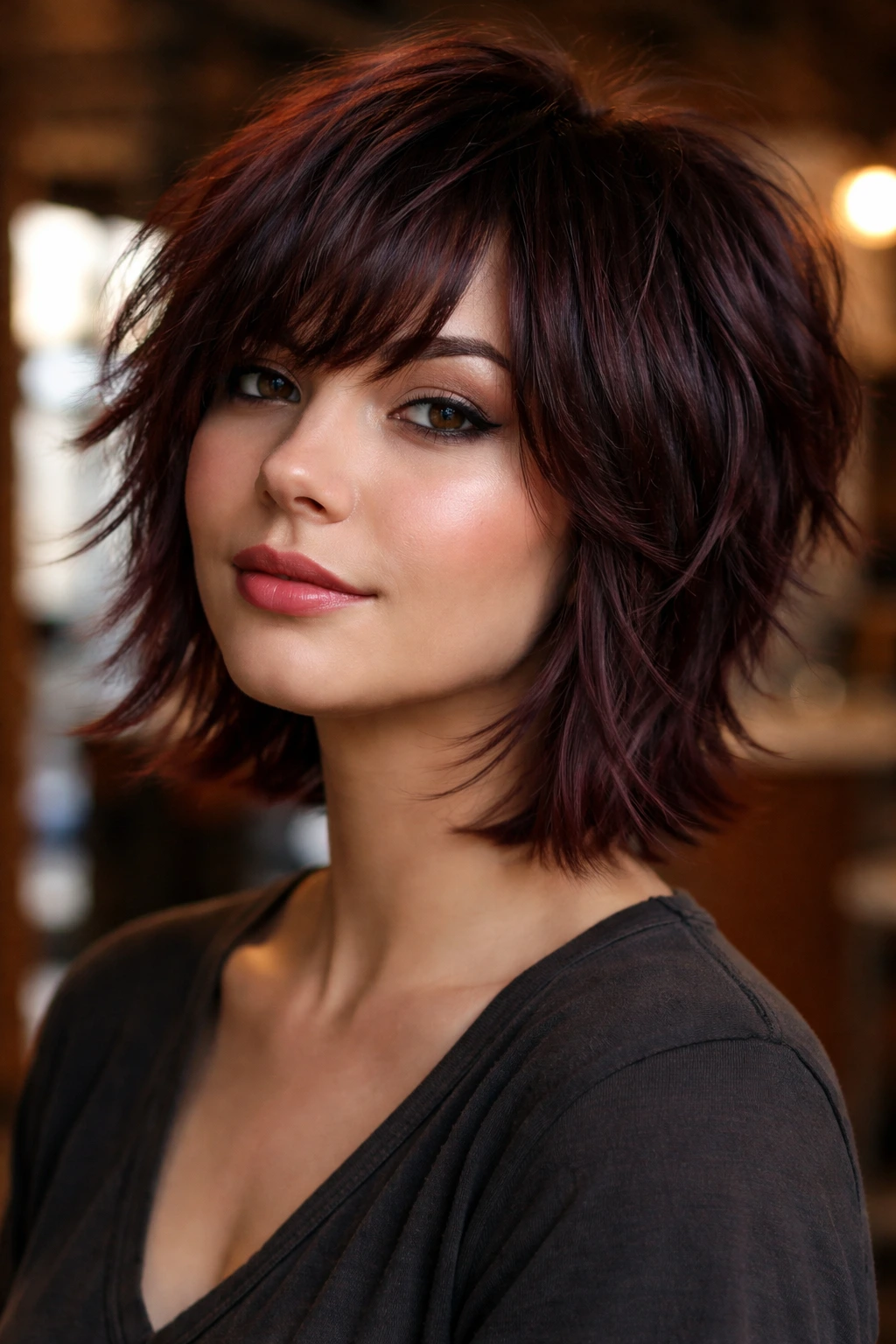 Real person with short shag and piecey layers in mahogany hair