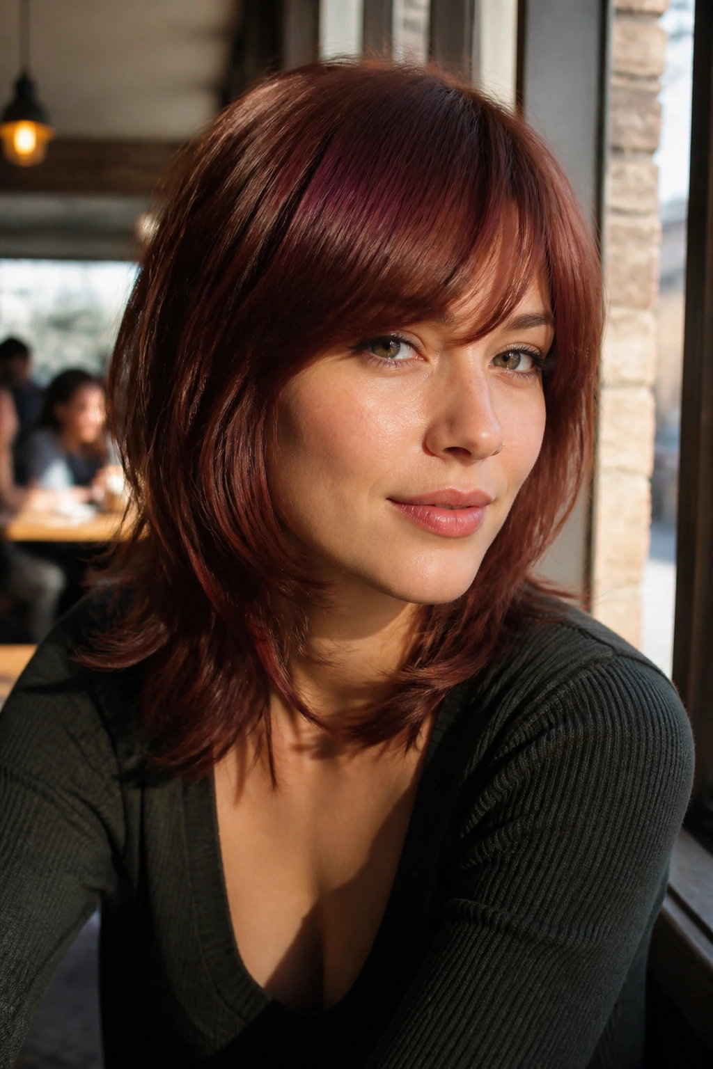 Close-up of a real woman with mahogany shoulder-length shag and side-swept bangs