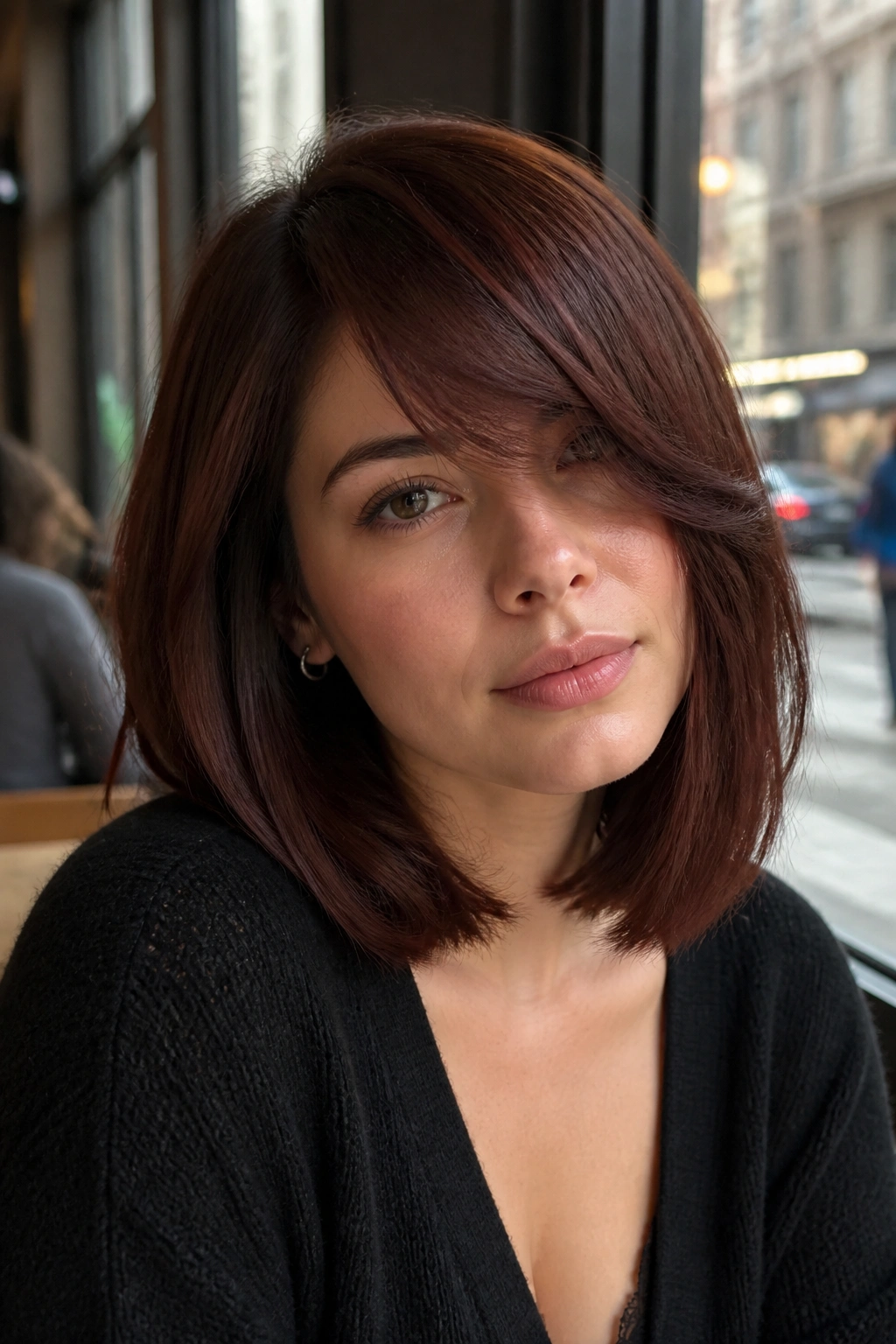 Real woman with mahogany side-swept lob showing diagonal front sweep across the face.