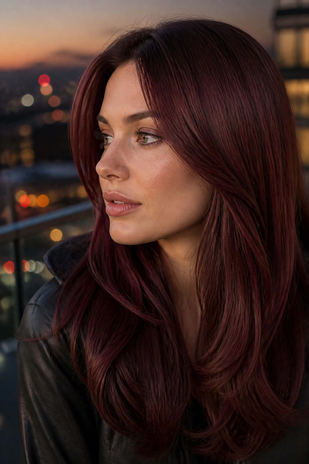 Close-up of a woman with mahogany silk hair on a dusk balcony