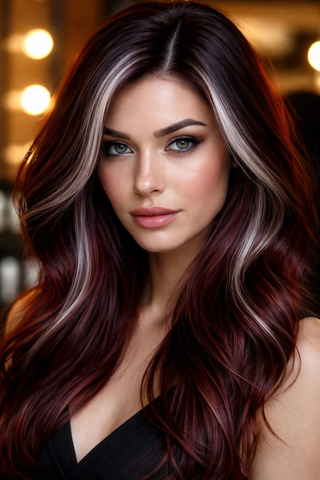 Close-up of a real person with mahogany hair and silver accents framing the face