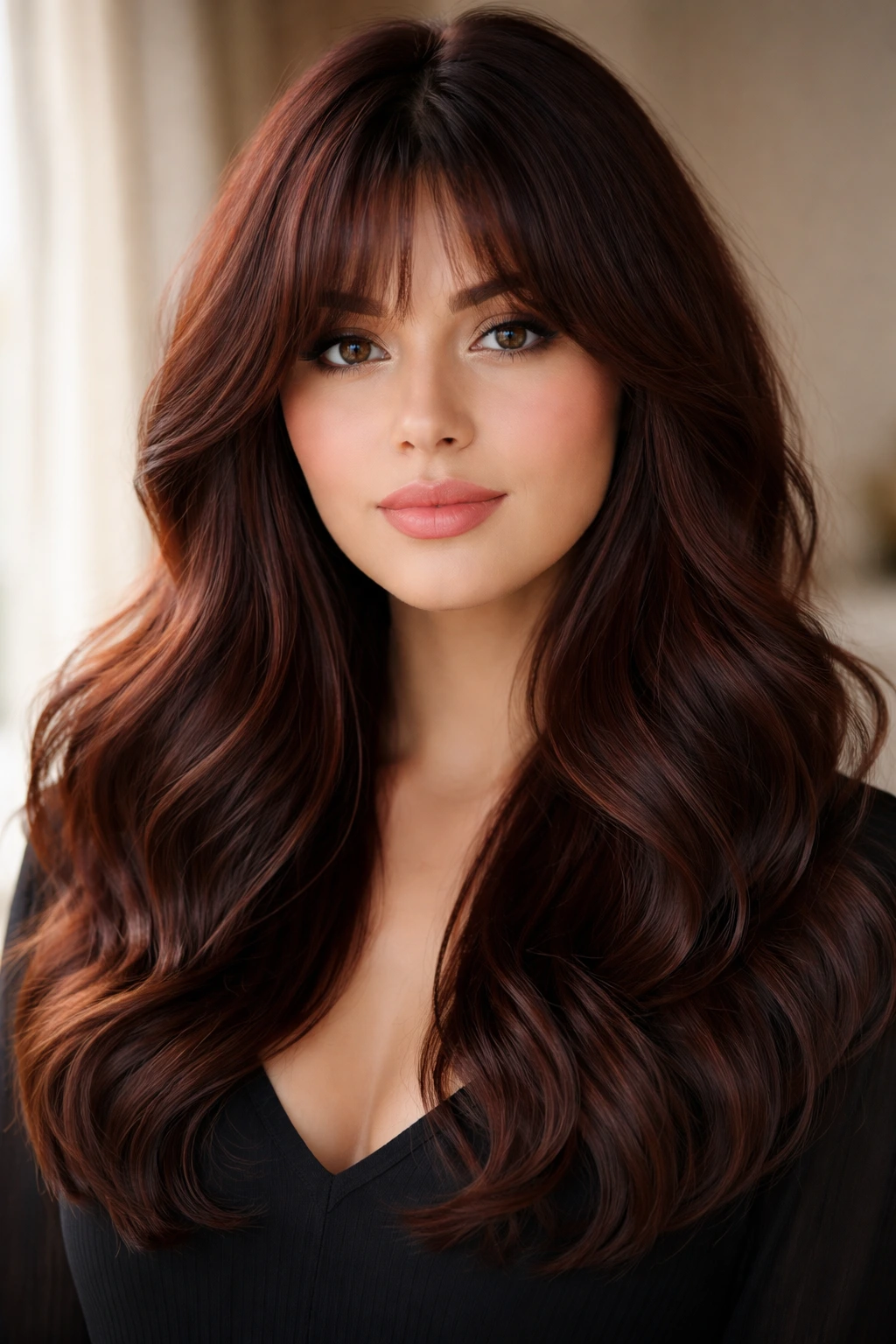 Real woman with soft waves and curtain bangs in mahogany.