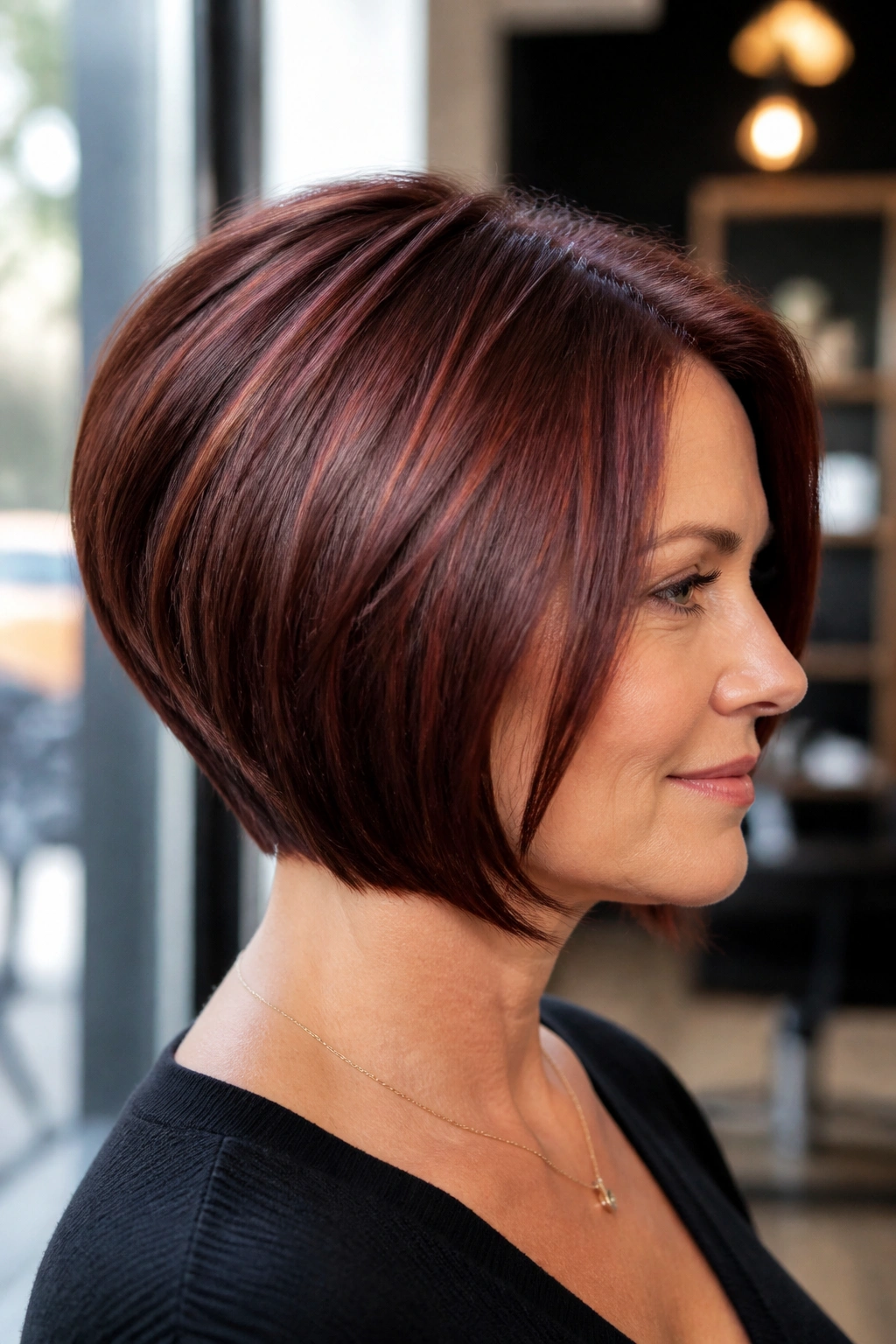 Close-up portrait of a real woman wearing a mahogany stacked bob with crown lift