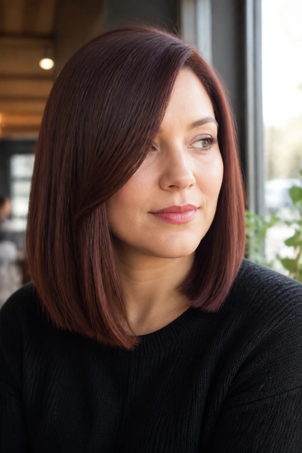 Close-up of a real woman with blunt-ended mahogany straight cut and side sweep