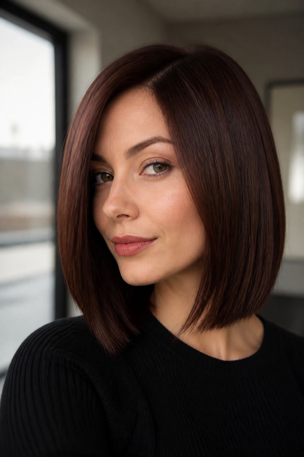 Close-up portrait of a real woman with sleek straight mahogany brown hair