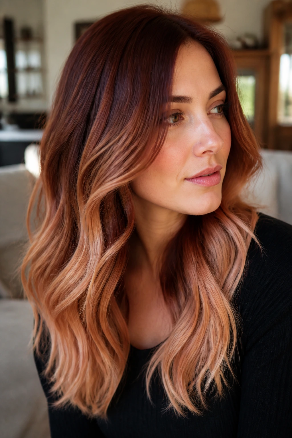 Portrait of a woman with mahogany roots transitioning to strawberry blonde ends.