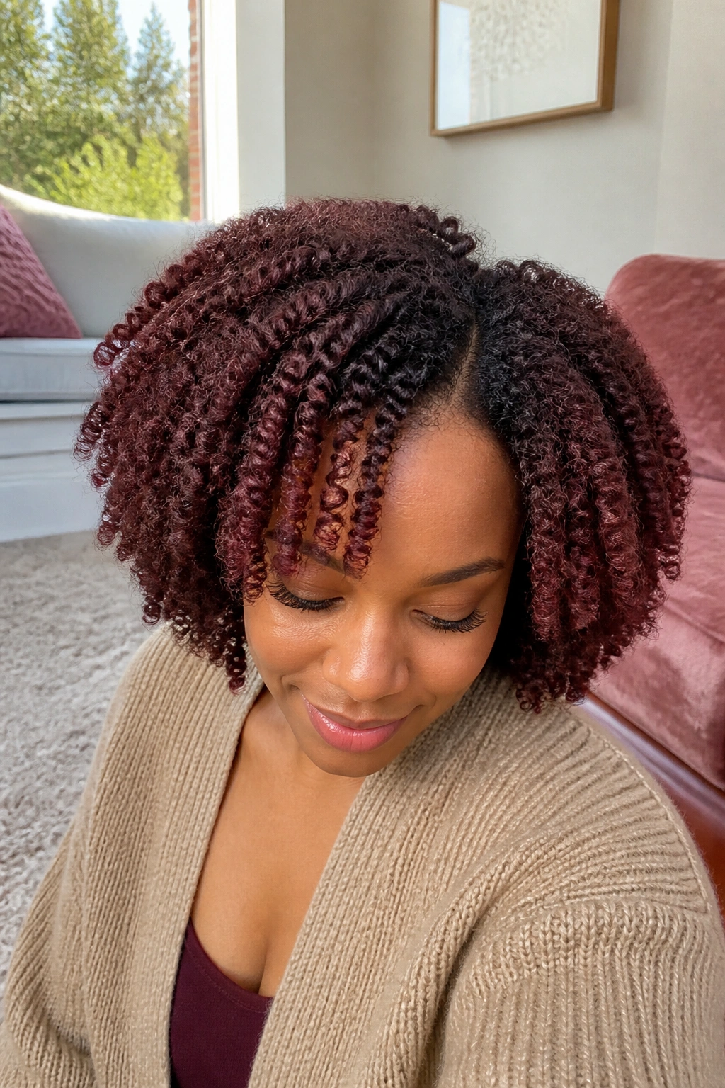 Close-up portrait of a woman with mahogany twist-out and soft stretch