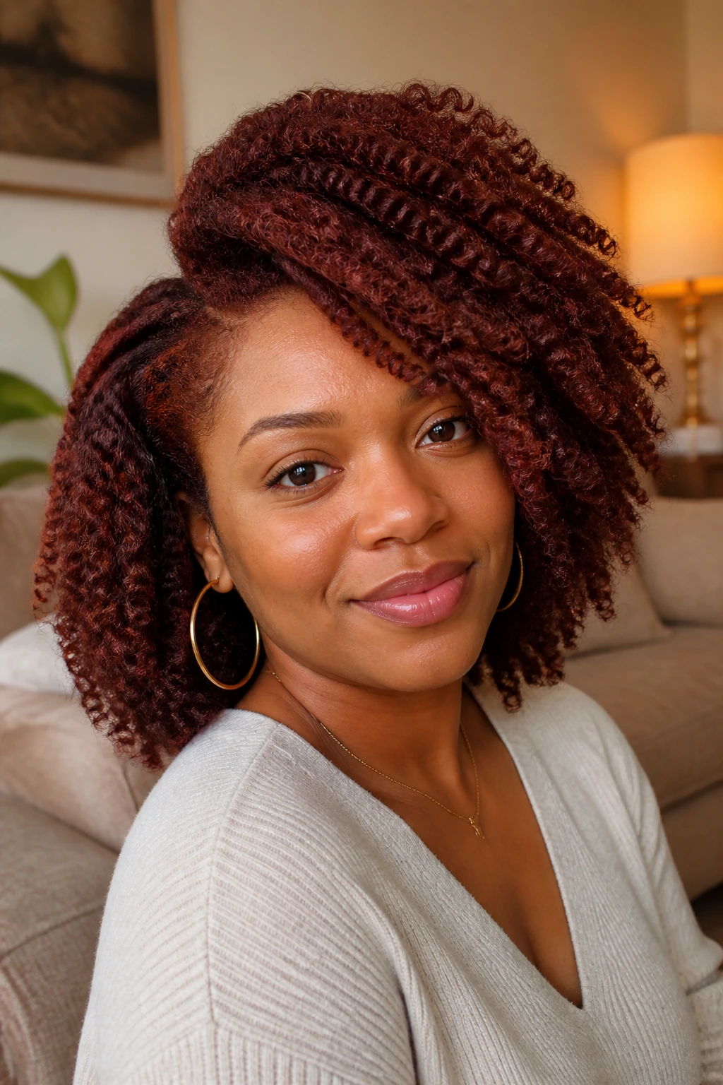 Close-up of a real woman with mahogany twist-out and side volume